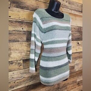 Sweater Womens Large Striped Knit Oversized Brown Granola Gorpcore Cozy Top Fall